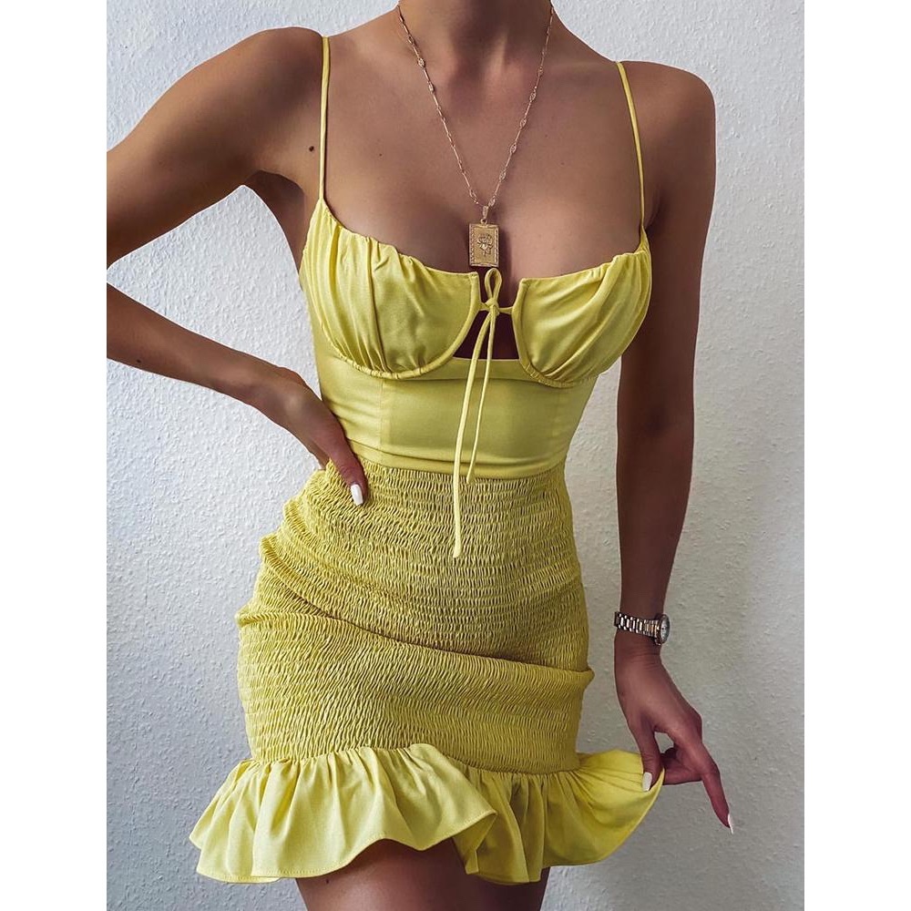 Tiger Mist Yellow Corset Shirred Dress